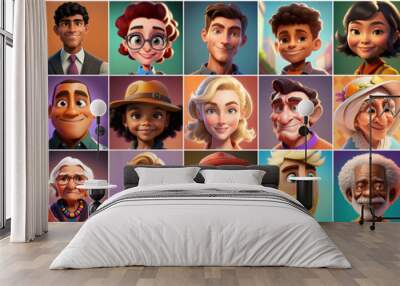 Set of avatars of happy people of different races and ages. Portraits of men and women and children. Human Emotions. Illustration in cartoon style, - Post-processed Generative AI Wall mural